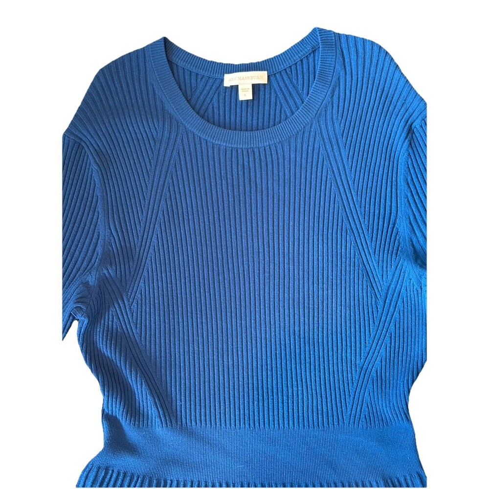 Ann Mashburn Blue Ribbed Knit Sweater Dress Large Fit Flare Designer Work Event - Picture 7 of 11